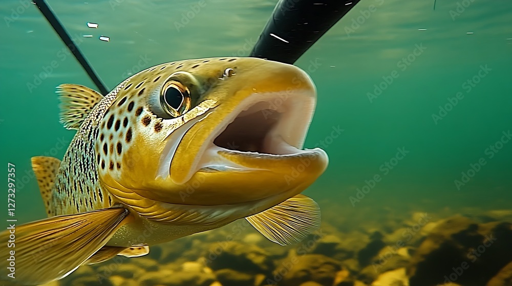 Aufkleber Stunning underwater close-up of a lively brown trout swimming with a mouth open in a serene aquatic environment : Generative AI