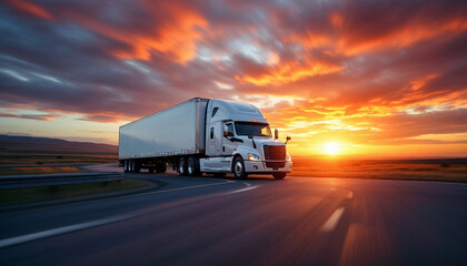 Obraz premium A modern white semi-truck with a trailer drives on a USA road during a dramatic sunset.