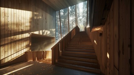 Wooden Staircase Bathed in Sunlight, Forest View
