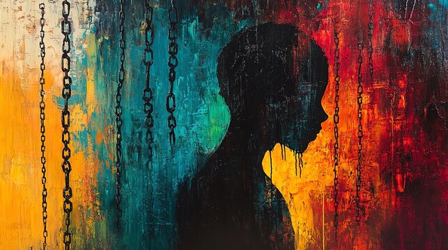 An abstract painting of human trafficking, showing chains and a crying silhouette 