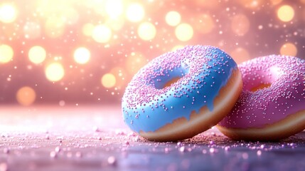 Pink and blue glazed donuts on a tabletop with bokeh lights