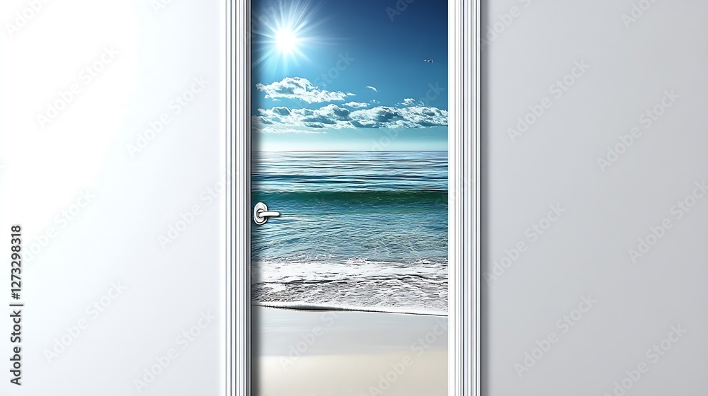 Poster Mesmerizing Ocean View from Open Door with Bright Sunshine and Calm Waters : Generative AI