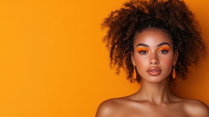 A glamorous young woman with curly hair showcases bold makeup and striking orange accents, exuding confidence and vibrancy against a vivid orange backdrop, embodying modern beauty.