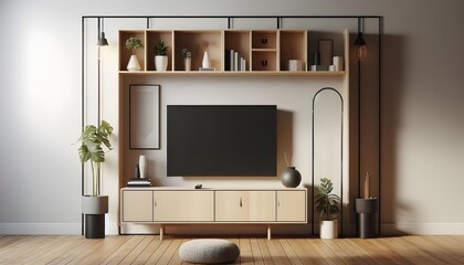 Simple minimal cabinet for tv interior wall mockup.