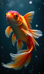 Vibrant goldfish elegantly swimming through the water, showcasing its rich colors and delicate fins, ideal for nature, aquarium, or wellness themes.