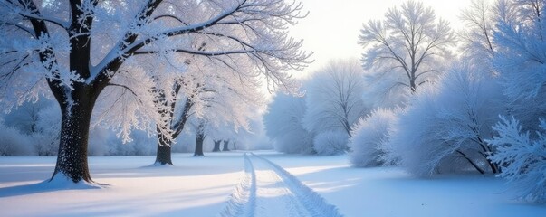 Frosty trees with white snow covered branches, peaceful, serene