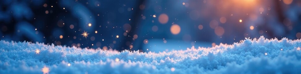 Naklejka premium Snow-covered landscape with sparkling snowflakes and glittering stars, snowflake, sparkly