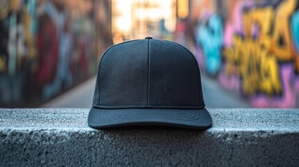 A black baseball cap rests on a urban wall