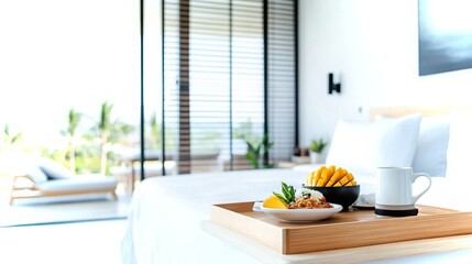 Fresh breakfast served on a wooden tray in a modern bedroom with natural light
