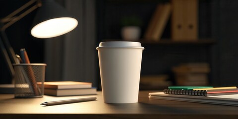 White paper hot coffee cup on a working desk with ambient light from lamp in the night