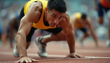 Athlete in starting position prepares for sprint on track, focusing on determination and athleticism during competition