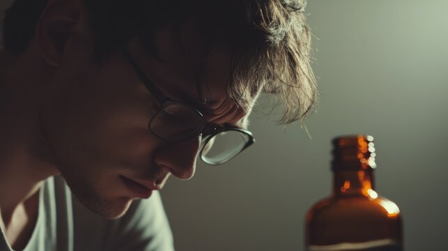 Withdrawal symptoms bring an overwhelming urge to relapse. A person looking at a bottle, conflicted