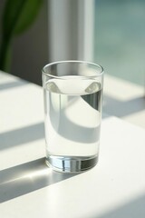 Simple elegance of a glass of clean water on a white surface illuminated by soft sunlight, simplicity, glass