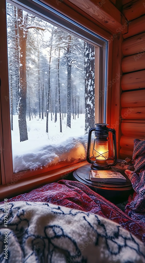 Poster cozy winter scene with a lantern by the window framing a snowy forest landscape : generative ai