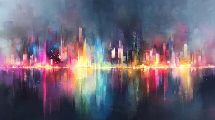 A Stunning Watercolor Painting of a Vibrant Cityscape Illuminated by Nighttime Lights and Colors