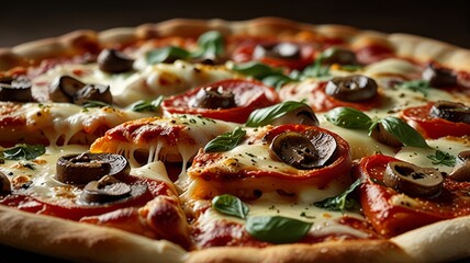Generate a visually stunning image of a delectable pizza with a crispy crust, gooey cheese, and toppings like pepperoni, mushrooms, and bell peppers, evoking irresistible indulgence.