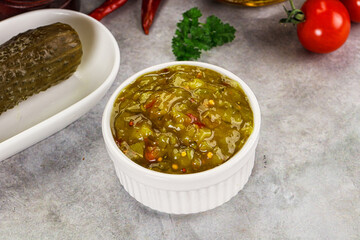 Souce gherkin relish with marinated cucumbers