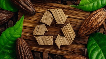 Stylish wooden recycling symbol on a wooden surface surrounded by cocoa beans and green leaves : Generative AI