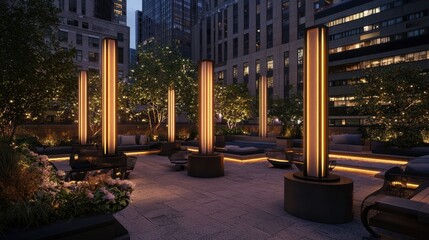 Obraz premium A modern urban terrace with artistic light columns, creating a cozy twilight ambiance.