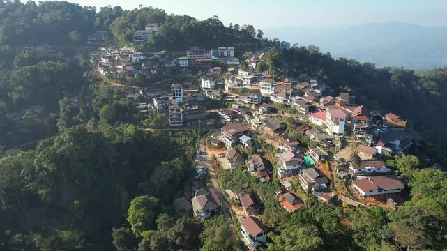 Aerial view from drone of the rural village in the mountains