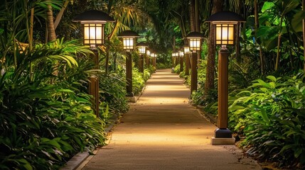 Obraz premium A peaceful pedestrian path at night, lined with stylish lampposts and lush greenery.