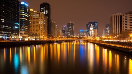 Fototapeta premium Nighttime cityscape reflecting vibrant light on a calm river with urban skyline in background
