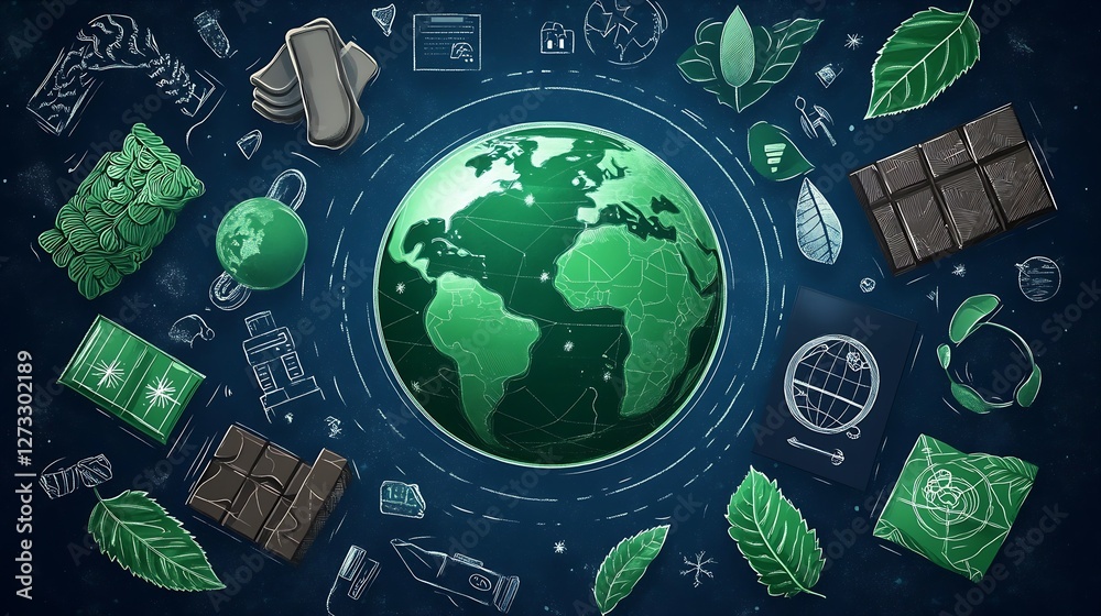 Poster stylized image of the earth with eco-friendly products and nature surroundings in artistic style : g