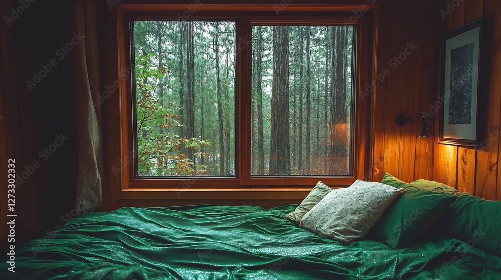 Poster Inviting bedroom with plush green bedding and views of forest trees through rain-speckled windows : Generative AI