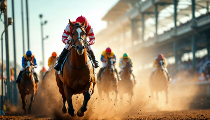 Dynamic start of a horse race with the lead horse bursting from the gate.

