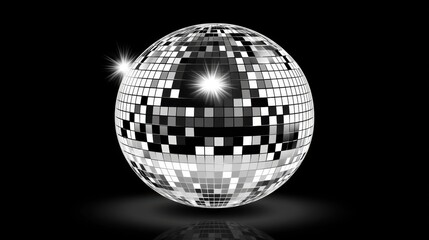 A shimmering silver disco ball reflecting dazzling light patterns, creating a festive and energetic scene.