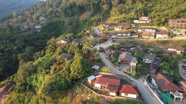 Aerial view from drone of the rural village in the mountains in the morning