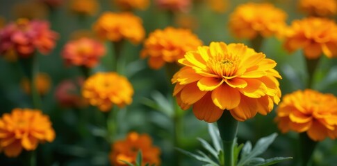 Marigold flowers in a garden bed with other flowers, blossom, bed