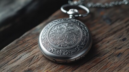 A shiny silver pocket watch with intricate engravings and an open lid, resting on a vintage wooden surface.