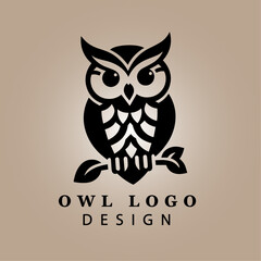 Elegant Black Owl Logo Illustration on Beige Background for Modern Business, Branding, and Merchandise with Unique Artistic Silhouette
