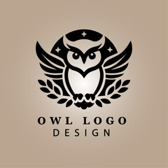 Elegant Black Owl Logo Illustration on Beige Background for Modern Business, Branding, and Merchandise with Unique Artistic Silhouette
