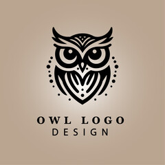 Elegant Black Owl Logo Illustration on Beige Background for Modern Business, Branding, and Merchandise with Unique Artistic Silhouette
