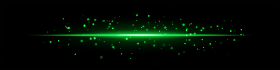 Green laser beam with glowing particles and energy sparks on a dark background. The scattered light orbs create a futuristic, sci-fi effect, digital art, space themes, abstract light compositions.