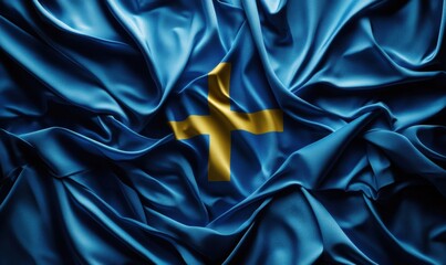 Fototapeta premium A close-up view of a flowing blue and yellow fabric, representing the Swedish flag, with soft folds and shadows, evoking a sense of national pride and cultural identity