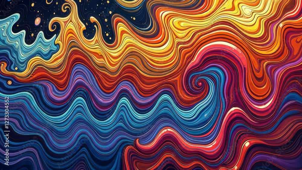 Poster a colorful painting of a wave with a blue and red stripe. the wave is very long and has a lot of det