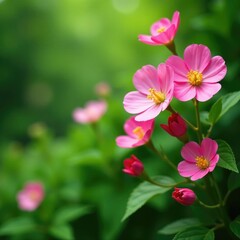 Fototapeta premium Pink mallow flowers in the background with lush greenery, pink mallow, botanical