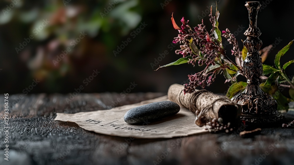 Poster artful calligraphy materials display rustic setting still life natural light close-up artistic expre