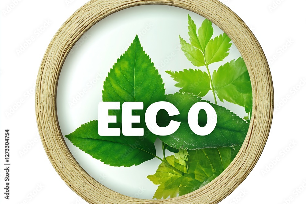Poster fresh green leaves with letters e and o in circular frame for environmental awareness theme : genera