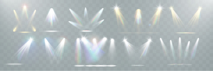Realistic white and colorful spotlights with beams, reflections, and stage lighting effects on transparent background	