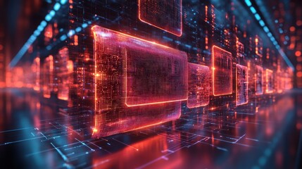 Fototapeta premium Glowing data blocks in digital corridor; futuristic tech background