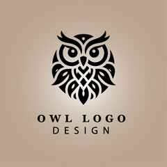 Elegant Black Owl Logo Illustration on Beige Background for Modern Business, Branding, and Merchandise with Unique Artistic Silhouette
