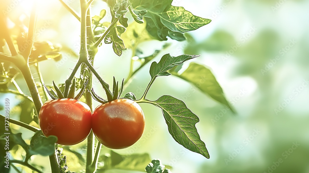 Poster close up view of two plump red tomatoes hanging on the green vine in a sunlit garden : generative ai