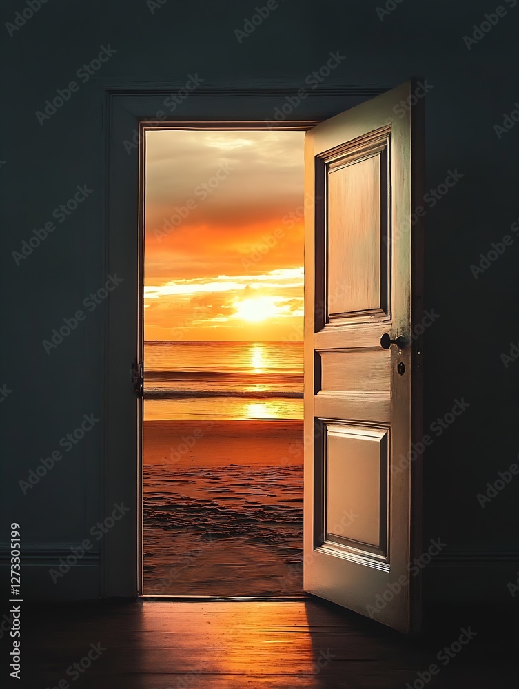 Aufkleber vibrant sunset shining through an open door offering a glimpse into a tranquil beach paradise : gene