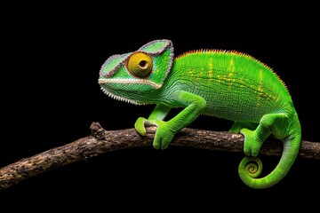 Fototapeta premium A vibrant green chameleon perched on a branch, showcasing its distinctive colors and textures against a dark background.