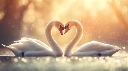 Two swans forming heart shape in sunset.