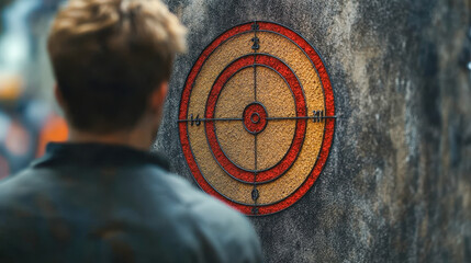 Man focusing on a red and yellow target on a textured wall
